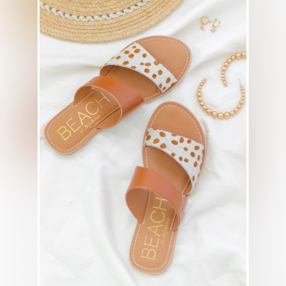 Beach By Matisse Coastal Sandals - brown and white cow print strap